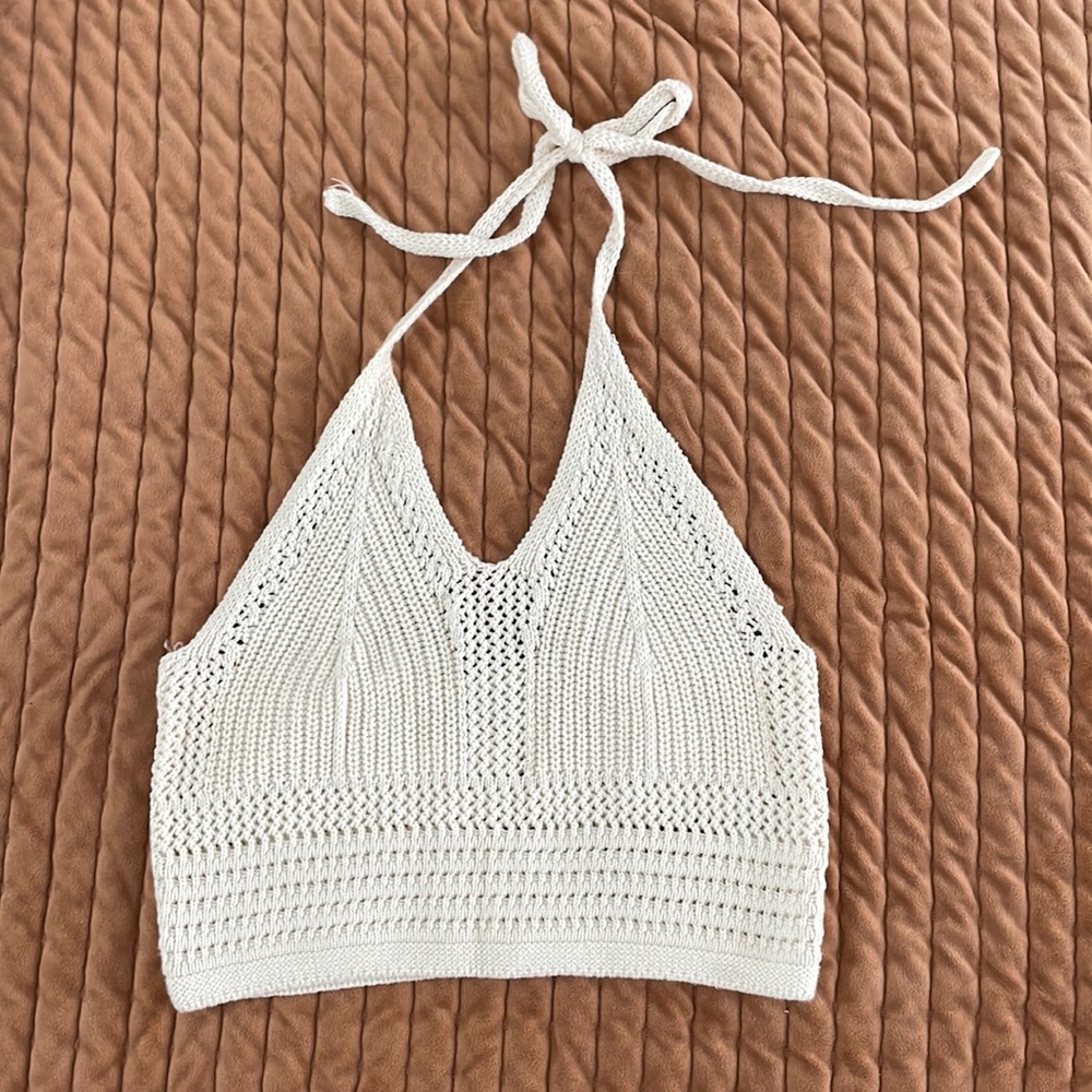 Aerie S cream crop crochet knit tank